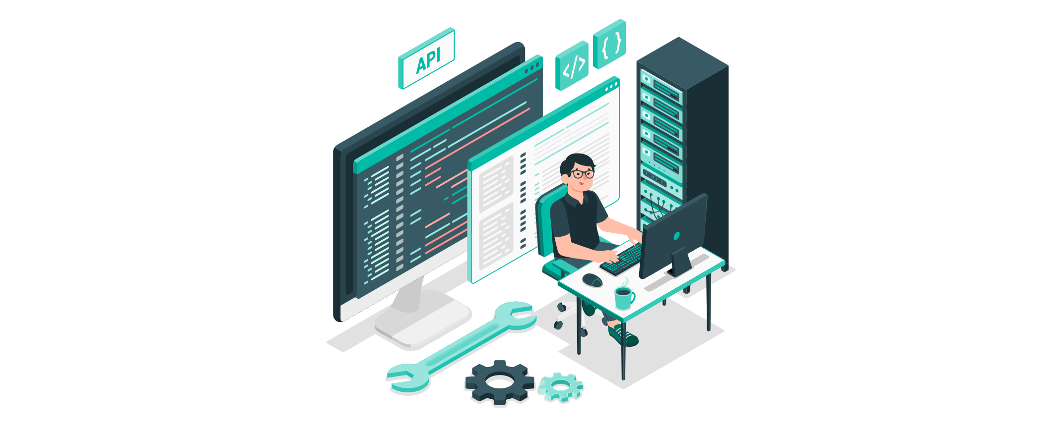 Entwickler arbeitet an einem Schreibtisch vor mehreren Monitoren mit Code und einer API-Schnittstelle. Im Hintergrund stehen Server und Zahnräder, die den technischen Arbeitsprozess symbolisieren.