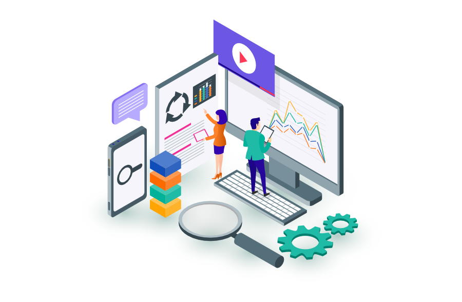 Gruppe von Menschen in moderner Büroumgebung, die mit digitalen Bildschirmen und Diagrammen an den Wänden zusammenarbeiten. Die Szene symbolisiert Teamwork und Datenanalyse.