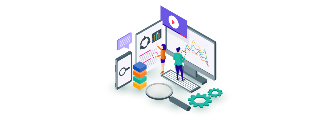 Gruppe von Menschen in moderner Büroumgebung, die mit digitalen Bildschirmen und Diagrammen an den Wänden zusammenarbeiten. Die Szene symbolisiert Teamwork und Datenanalyse.