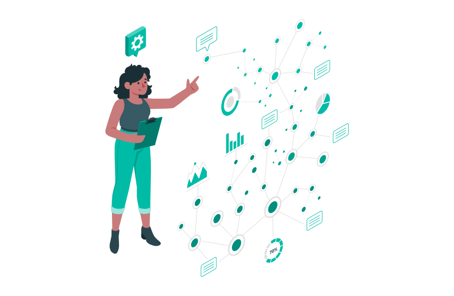 Frau mit Klemmbrett zeigt auf ein Netzwerkdiagramm mit verschiedenen Knoten und Verbindungen, die Datenfluss, Statistiken und Organisation darstellen.