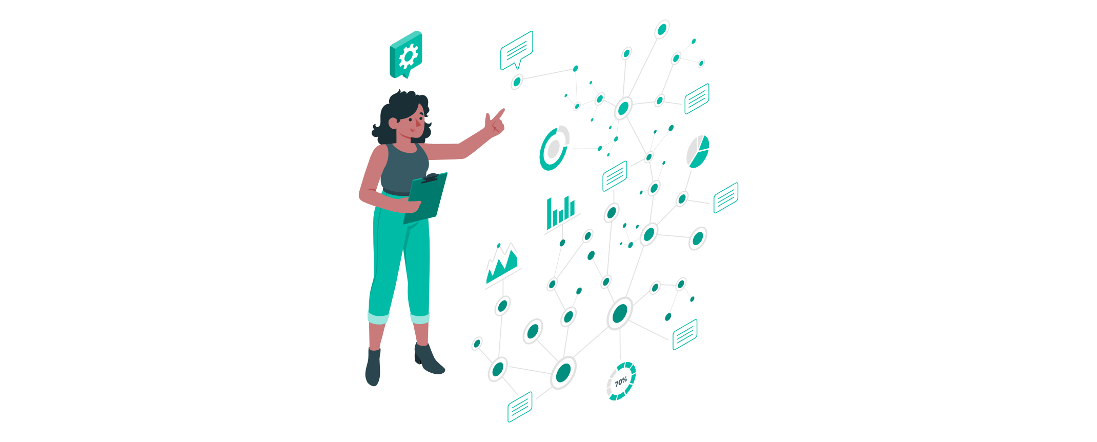 Frau mit Klemmbrett zeigt auf ein Netzwerkdiagramm mit verschiedenen Knoten und Verbindungen, die Datenfluss, Statistiken und Organisation darstellen.