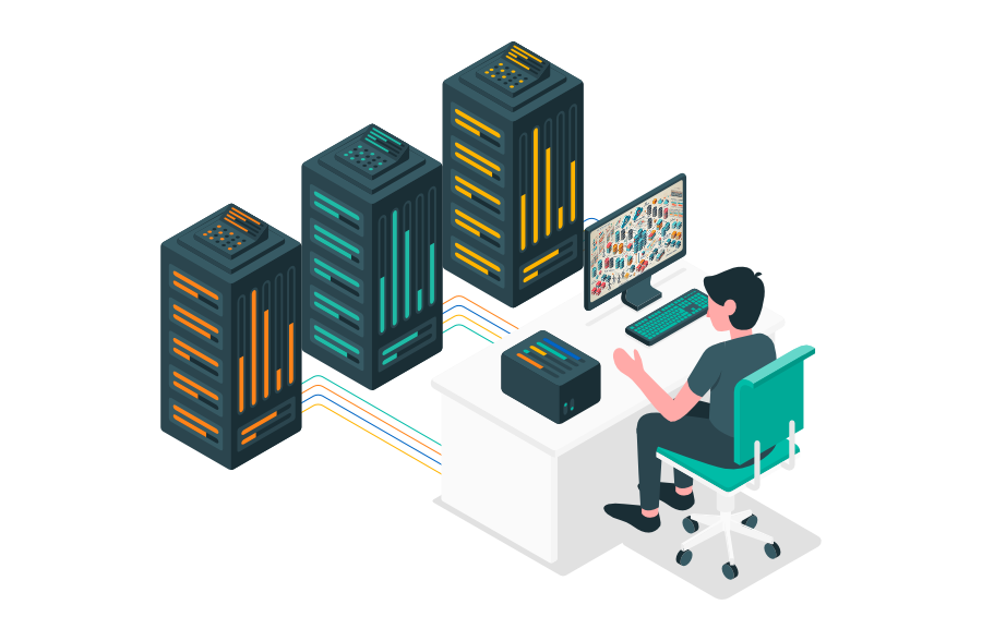Person sitzt an einem Schreibtisch vor einem Computer, der mit mehreren Servern verbunden ist; symbolisiert Verwaltung und Analyse von Daten in einer IT-Infrastruktur.