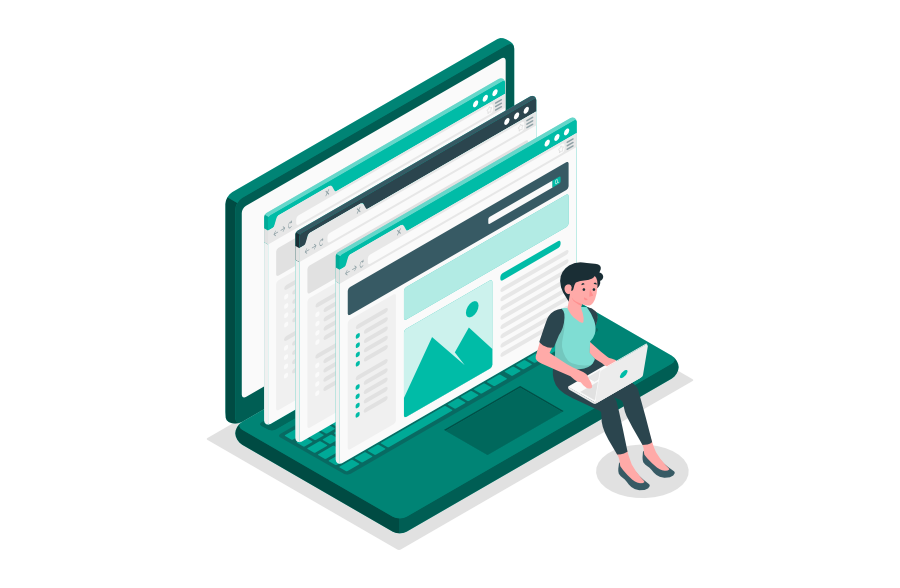 llustration eines Nutzers mit Laptop vor einem großen Bildschirm, auf dem mehrere geöffnete Websites angezeigt werden. Das Bild symbolisiert die Verwaltung mehrerer Websites über eine zentrale Plattform, passend zum Thema Multisite-Management.