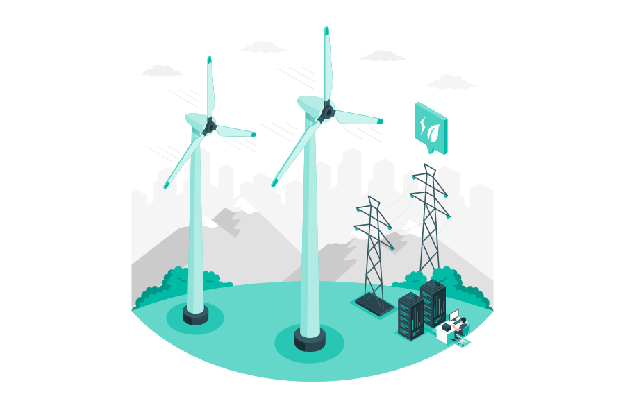 Illustration von Windkraftanlagen, Stromleitungen und Servern, die nachhaltige IT und grüne Datenbanken symbolisieren, um den CO2-Ausstoß zu reduzieren