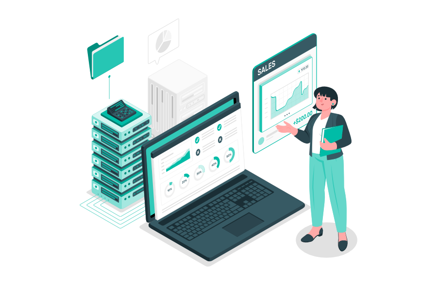 Illustration einer Person, die eine Laptop-Analyse eines Online-Shops überwacht. Im Hintergrund sind Server und Datenbanken zu sehen, die die Datenverarbeitung unterstützen, während Verkaufsdaten und Performance-Statistiken dargestellt werden.