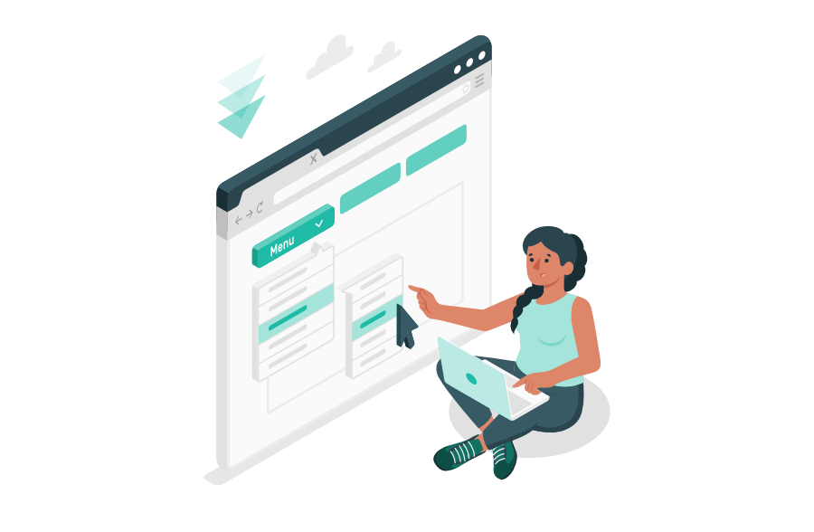 Illustration einer Frau, die mit einem Laptop sitzt und auf ein Website-Menü zeigt, was die Optimierung der Website-Navigation zur gezielten Führung von Besuchern darstellt.