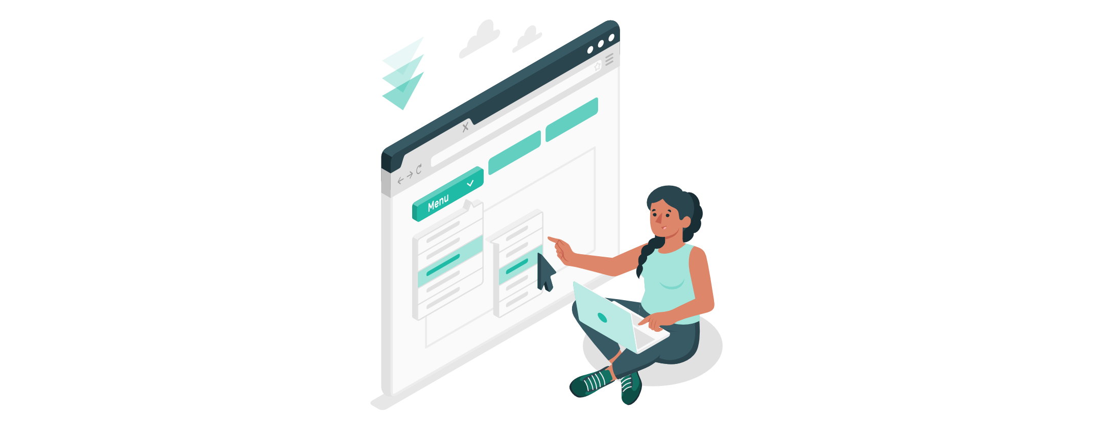 Illustration einer Frau, die mit einem Laptop sitzt und auf ein Website-Menü zeigt, was die Optimierung der Website-Navigation zur gezielten Führung von Besuchern darstellt.