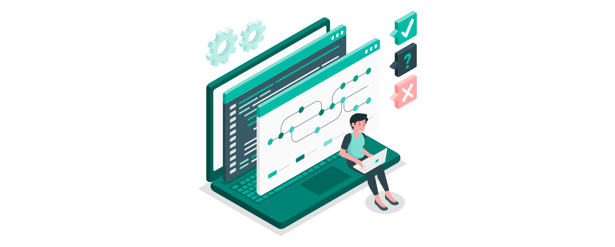 Ein Mensch sitzt mit einem Laptop vor zwei geöffneten Browserfenstern. Eines zeigt eine schematischen Navigationsstruktur, das andere Quellcode. Daneben gibt es Symbole für richtig, unklar und falsch, sowie Zahnräder oben links.