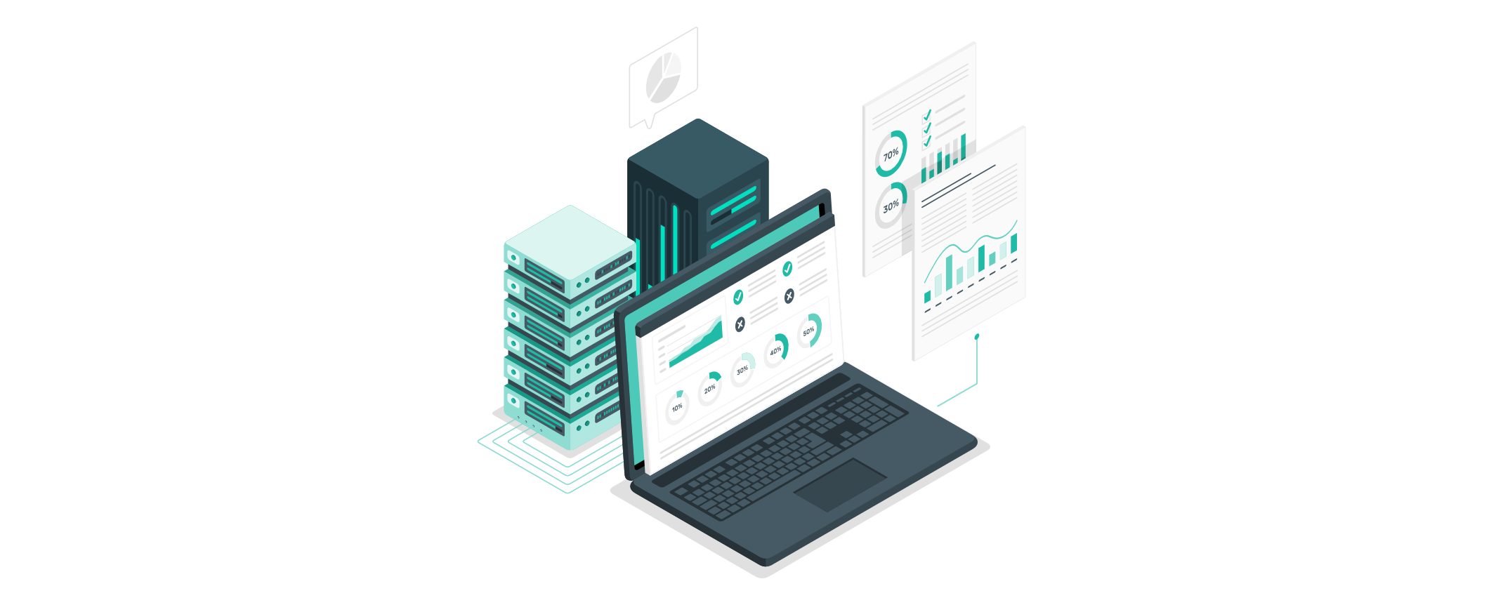 Illustration eines Laptops, der Daten und Statistiken anzeigt, neben Servern und Diagrammen, was die Sicherung und Optimierung von Datenbanken für die Zukunft darstellt.