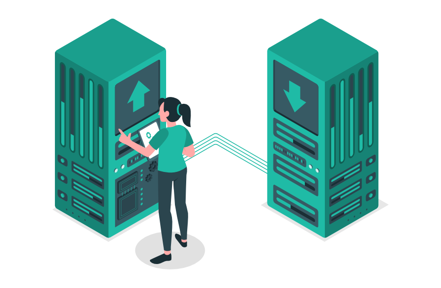 Illustration einer Person, die Daten zwischen zwei Servern überträgt, was den sicheren Wechsel oder die Migration einer Datenbank darstellt.