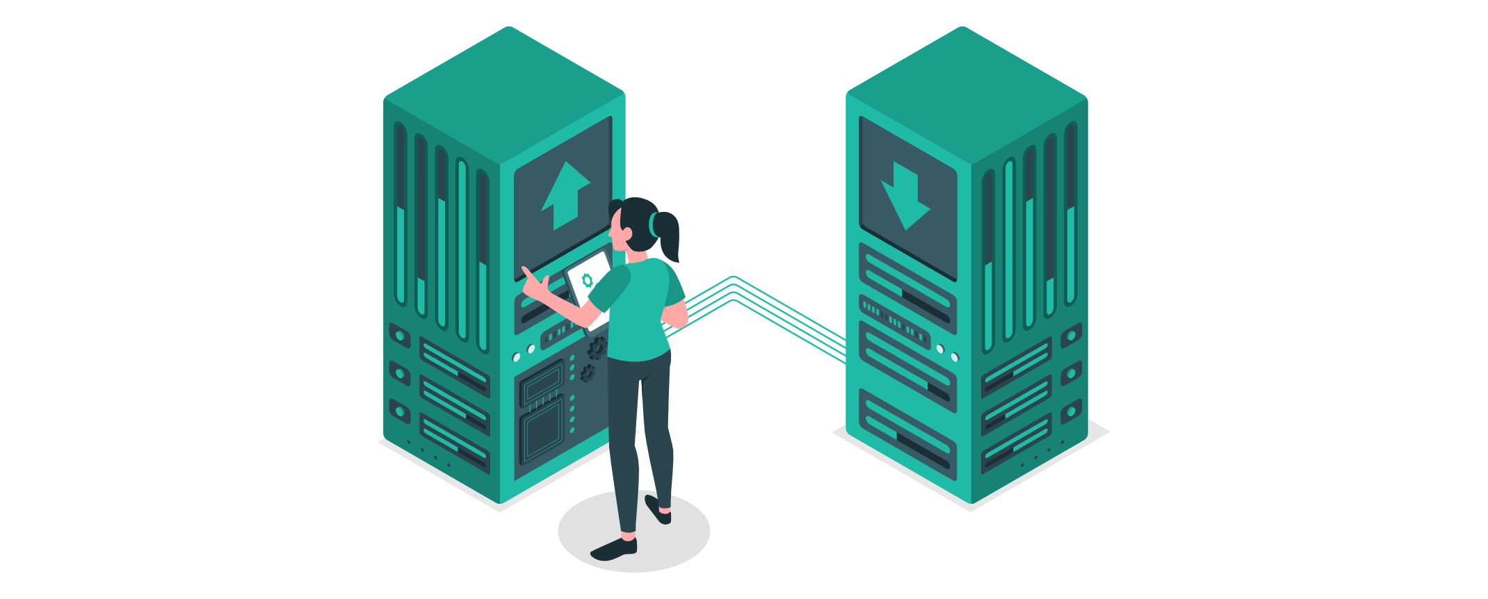 Illustration einer Person, die Daten zwischen zwei Servern überträgt, was den sicheren Wechsel oder die Migration einer Datenbank darstellt.