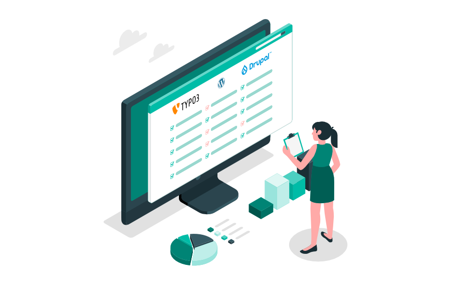 Illustration einer Person, die eine Vergleichstabelle auf einem großen Bildschirm betrachtet, die TYPO3, WordPress und Drupal gegenüberstellt.