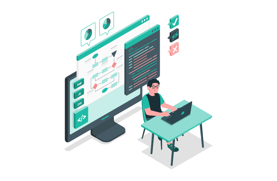 Moderne, minimalistische Darstellung eines Programmierers, der an einem Laptop sitzt und Code schreibt. Im Hintergrund wird ein Monitor mit Entwicklungswerkzeugen und Workflow-Diagrammen angezeigt.