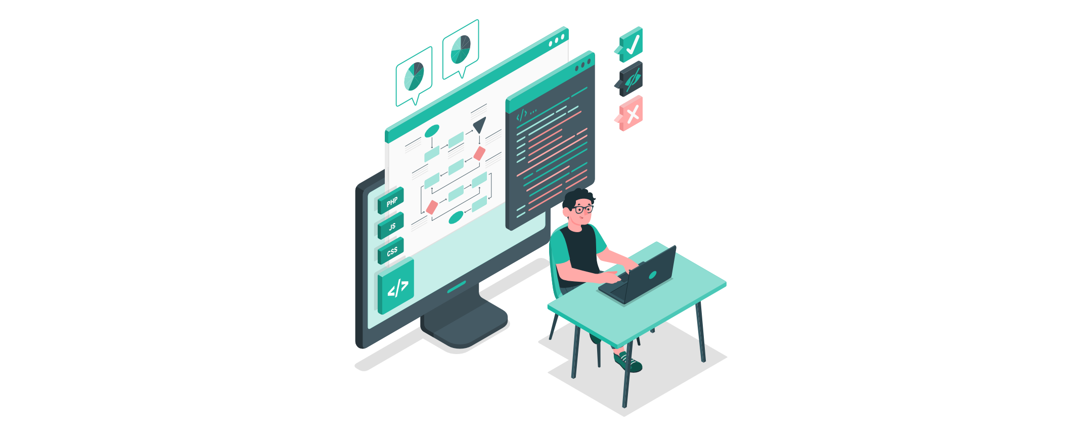 Moderne, minimalistische Darstellung eines Programmierers, der an einem Laptop sitzt und Code schreibt. Im Hintergrund wird ein Monitor mit Entwicklungswerkzeugen und Workflow-Diagrammen angezeigt.