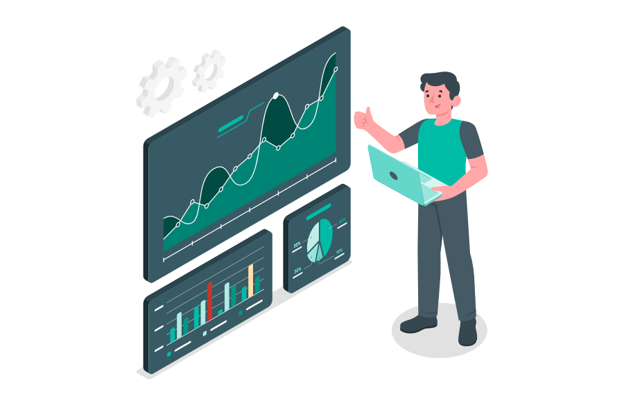 Illustration einer Person, die vor Bildschirmen mit Datenanalysen und Grafiken steht. Diagramme und Statistiken zeigen Trends und Leistungskennzahlen, während die Person mit einem Laptop arbeitet und einen Daumen hoch zeigt.