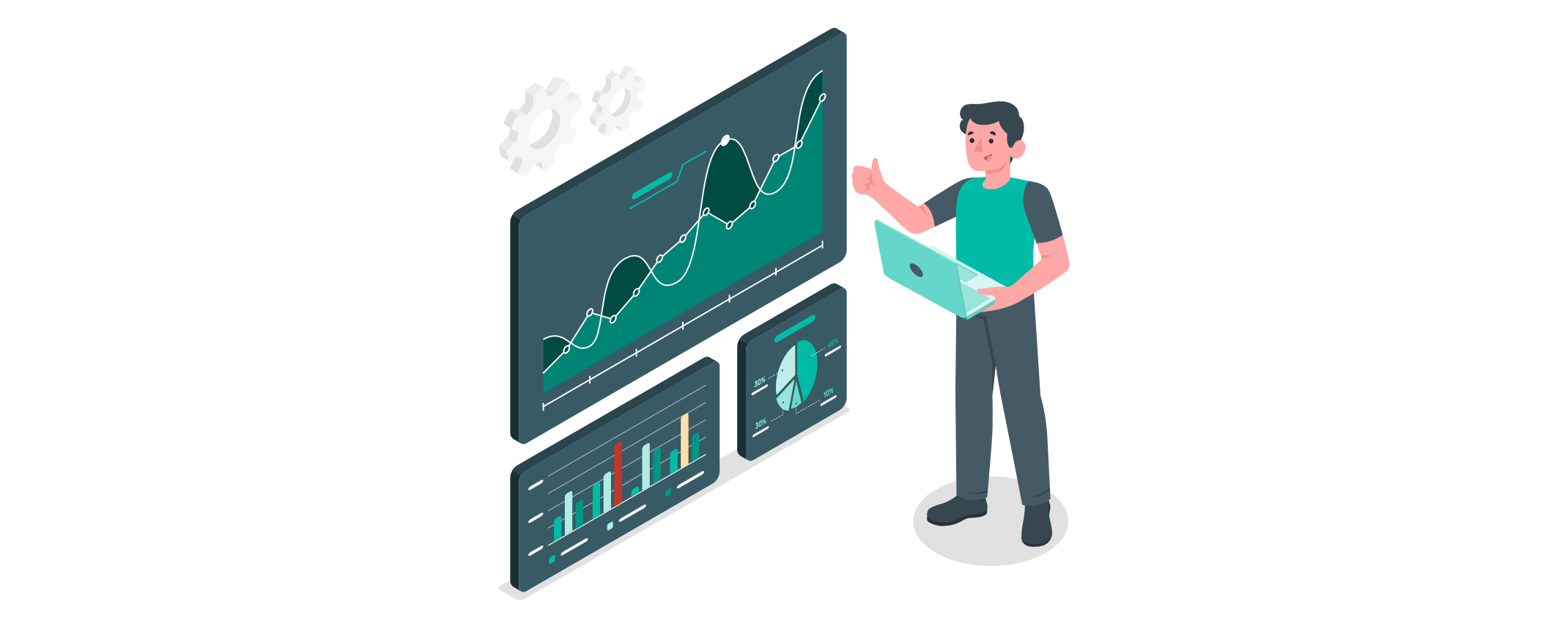 Illustration einer Person, die vor Bildschirmen mit Datenanalysen und Grafiken steht. Diagramme und Statistiken zeigen Trends und Leistungskennzahlen, während die Person mit einem Laptop arbeitet und einen Daumen hoch zeigt.